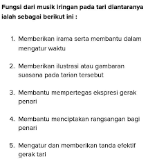 Musik gambang kromong grup musik kesenian gambang kromong musik gambang kromong ini merupakan musik tradisi serapan yang sudah beradaptasi dengan lingkungannya, karena musik ini cikal bakalnya berasal dari musik etnis cina. Jelaskan Fungsi Music Pengiring Lagu Dalam Tari Brainly Co Id