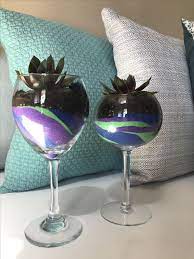 Love The Sand Art On Wine Goblets For These Succulent Planters Indoor Water Garden Garden Solutions Water Garden