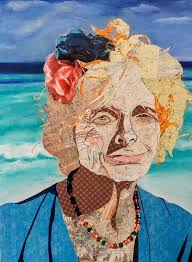 Acrylic-painted paper collage with maps and sheet music