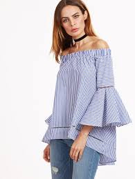 Black And White Striped Off The Shoulder Long Sleeve Top Shein Bardot Trumpet Sleeve Striped Blouse Fashion Clothes Korean Style Blue And White Striped Shirt