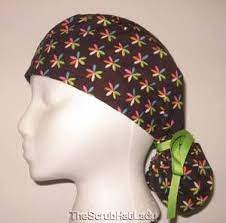 Ponytail Scrub Cap Sewing Pattern Ponytail Colorful Flowers On Brown Surgical Scrub Hat Cap P150 Scrub Hat Patterns Scrub Hats Surgical Scrub Hats