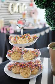 1st Birthday Rice Krispie Treats Floral And Stripes Minnie Mouse Party With Images Mickey Mouse Rice Krispie Treats Birthday Party Food Minnie Mouse First Birthday