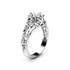 Princess diana ring with sapphire in 18k white gold. Unique Moissanite Engagement Ring 14k White Gold Filigree Promise Ring Camellia Jewelry
