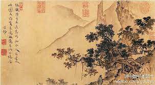 元 张观 山林清趣图 纸本 设色 纵30cm 横54 7cm 北京故宫藏 此图画群山重叠 老树虬枝 树上枯藤缠绕倒挂 一长者沿山径策杖寻幽 山壁陡峭 草木葱茏 笔法劲健 构图简洁 描绘山林 一角 之景 dibujos japoneses sumi e dibujos