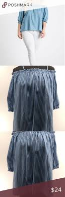 Dressban Zenobia Off Shoulder Top Dressbarn Blue White Denim Stripe Scoop Neck Short Sleeves Adjustable In 2020 Off Shoulder Tops Dress Barn Tops Off Shoulder
