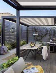 Cover Outdoor Spaces With Shade To Protect The From Sun And Rain In 2020 Modern Outdoor Spaces Modern Outdoor Patio Modern Outdoor Dining