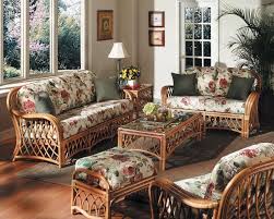Country Living Room With Rattan Sofa And Floral Fabric Sofa Decoration Inte Rattan Furniture Living Room Wicker Living Room Furniture Indoor Sunroom Furniture