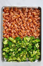 Foil Lined Baking Sheet With Diced Chicken Thighs And Broccoli Florets Sheet Pan Dinners Recipes Sheet Pan Dinners Chicken Sheet Pan Recipes