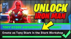 Iron man will put up a decent fight, and you'll have to make it past stark bots to get to him. How To Unlock Iron Man In Fortnite Emote As Tony Stark In The Stark Workshop Location Youtube