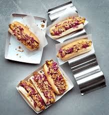 Image Of Several Vegetable Hot Dogs Arranged On Cardboard Plates And A Metal Serving Stand Veggie Dogs Are Topped With Pi Food Swedish Recipes Sweet And Spicy
