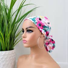 Floral Ponytail Scrub Hat: Satin-lined Cotton Nurse Cap