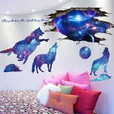 3d Galaxy Blue Wolf Wall Sticker For Living Room Wall Decor Stickers Moon Wall Decal Boys Room Mural