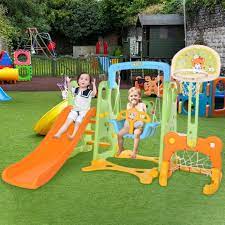 Abcnature 5 In 1 Toddler Climber And Swing Set Kids Play Climber Slide Play Set With Basketball Hoop Extra Long Slide And Ball Easy Set Up Baby Playset For Indoor Outdoor Backyard