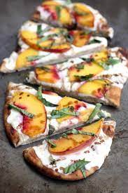 Peach Basil Mozzarella Flatbread Recipe Vegetarian Grilling Vegetarian Grilling Recipes Mozzarella Recipes