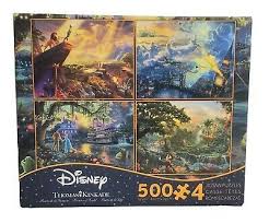 This 750 piece puzzle features a collage of the disney collector pins, including minnie and mickey mouse, pluto, tinkerbell and many more classic disney friends. Toys Hobbies Jigsaw 500 Pieces Each Ceaco 4 1 Multi Pack Thomas Kinkade Disney Jigsaw Puzzle