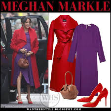 Meghan Markle In Red Wrap Coat And Purple Dress Royalfamily Royals Duchess Sussex Fashion Mat Purple Dress Outfits Red Shoes Outfit Purple Fashion Outfit
