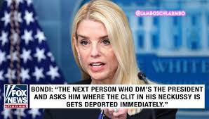 😂🤣 @JAMBOSCHLARMBO FOX FOX BONDI: "THE NEXT PERSON WHO DM'S THE PRESIDENT  NEWS AND ASKS HIM WHERE THE CLIT IN HIS NECKUSSY IS channe GETS DEPORTED  IMMEDIATELY."