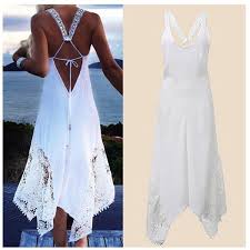 Black and white dresses are most often predominately white with a trim of black or black ribbons that ornament the waist or other parts of the dress. Vintage White Beach Dress Sleeveless O Neck Black Crocheted Lace Flowers Dresses Women Silk Cotton Sun Gown Wish