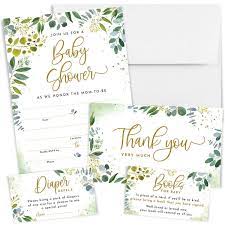 Amazon Com Printperie 25 Greenery Baby Shower Invitation Set With Envelopes Gender Neutral Blank Fill In Invites For Boy Or Girl Includes Books For Baby Diaper Raffle And Thank You Cards