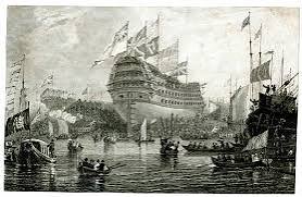 Bildagentur | mauritius images | The launch of the Honourable East India Company ship 'Edinburgh' (1825), painted by William John Huggins. The view is from a boat in the Thames looking roughly
