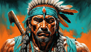 Apache lone wolf:1.5) massive (powerful man:1.2), (Ancient Tomahawk:1.3)of  war. "Dan Witz, Kelly Freas; color graded, orange and teal, p...