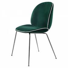 Beetle Fully Upholstered Dining Chair Dark Green Velvet White Velvet Piping Black Chrome Base Beetle Chair Dining Chairs Fully Upholstered Dining Chair