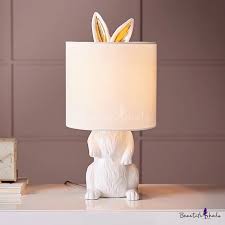 1 Light Rabbit Table Lamp Countryside White Resin Nightstand Light With Fabric Shade In 2020 Fabric Shades Table Lamp Shades