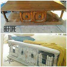 I had an old egg carton mattress pad that i cut to the lengths of the sides of the table, and used the spray adhesive to attach. Transform An Old Coffee Table Into An Entry Foyer Bench Redo Furniture Furniture Makeover Diy Decor Projects