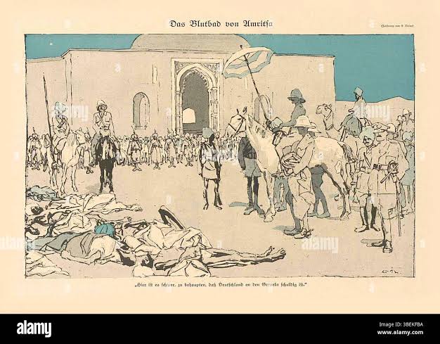 This 1920 illustration by German artist Eduard Thöny depicts the Amritsar massacre at Jallianwala Bagh, a tragic event during British colonial rule in India. The artwork was published in the German magazine