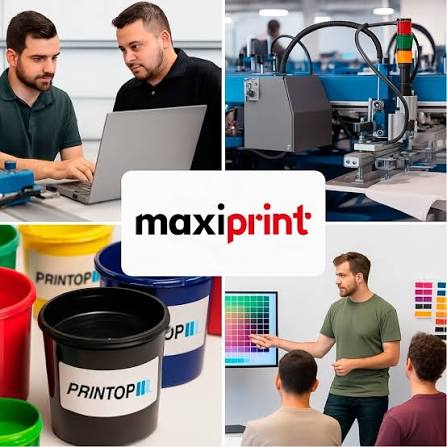 Collage de impresión industrial de Maxiprint con trabajadores y maquinaria