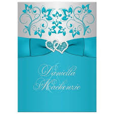 Wedding Invitation Turquoise Silver Floral Printed Ribbon Joined Jeweled Hearts Turquoise Wedding Invitations Teal Wedding Invitations Christian Wedding Invitations