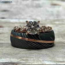 Love How This Pair Of His And Her Rings Both Feature Rose Gold But His Is Made Wedding Rings Sets His And Hers His And Her Wedding Rings Custom Wedding Rings