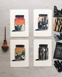 Original Linocut Prints Set Of 4 Hand Printed Greeting Cards Etsy Linocut Prints Linocut Linocut Printmaking