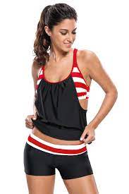Women Swimwear Stripe Print Layered Style Swimsuit Shorts Tankini Two Piece Set Ck18es7iuzi Spor Swimsuit With Shorts Tankini With Shorts Tankini Swimsuits
