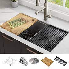 Single bowl undermount workstation kitchen sink with accessories Kraus Kwu112 33 Kore Workstation 33 Inch Undermount 16 Gauge Double Bowl Stainless Steel Kitchen Sink With