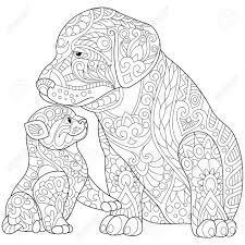 There are tons of great resources for free printable color pages online. Stylized Cute Friends Cat Young Kitten And Labrador Dog Puppy Freehand Sketch For Adult Anti Stress Coloring Book Page With Doodle And Zentangle Elements Royalty Free Cliparts Vectors And Stock Illustration Image