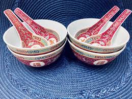 Black And White Bowl With Spoon Mun Shou Rice Bowls Spoons Set Of 4 Vintage Chinese Famille Rose Porcelain Serving Dishes Asian Jingdezhen Dinnerwar Chinese Bowls Vintage Bowls Rice Bowls