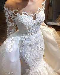 Luxury 2 In 1 Sheer Long Sleeves Mermaid Wedding Dress Lace Appliques Rich Lace Mermaid Wedding Dress Long Sleeve Wedding Gowns Wedding Dress Long Sleeve