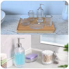 From custom solutions to expert vanity mirror installation, glass whether you think of your home bathroom as your own personal spa or a purely functional space, you need a bathroom vanity that is functional and fits your personal aesthetic. Amazon Com Bathroom Accessories Set 5 Pieces Glass Bath Accessory Collection Vanity Countertop Set Completes With Soap Dispenser Cotton Holder Toothbrush Holder Tumbler Soap Dish Free Soap Saver Included Home Kitchen