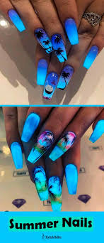 Black And Blue Ombre Nails Coffin Glowing In The Dark Coffin Nails For Summertime Summernails Summernailart Summernaildesigns Summernail In 2020 Blue Ombre Nails Glow Nails Cute Summer Nail Designs