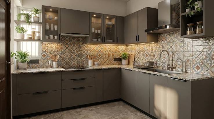 Simple affordable L-shaped modular kitchen with standard cabinet widths