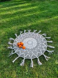 Hand Crocheted Round Tablecloth With Tassel Boho Retro Style Cotton Lace Table Cover Round Table Topper For Home Lace Table Round Tablecloth Crochet Round