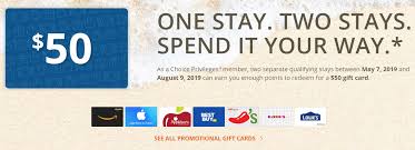 A selection of gift cards is available at the discounted redemption rate of 8,000 points from 05/24/2021 through 08/09/2021. Get Free Night Or 50 Gift Card At Choice Hotels With Two Stays Danny The Deal Guru