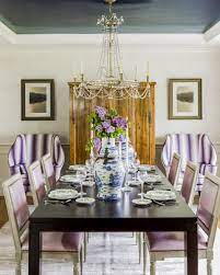 Colorful Purple And Lavender Dining Room With Black Lacquer Table Blue And White Dining Room Blue Dining Room Furniture Modern Formal Dining Room Furniture