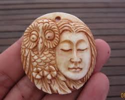 Excellent Detail Carved Spirit of Owl and Lady Pendant Beads , Bone  Carving, Jewelry Making Supplies B4198
