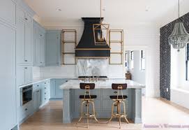 A Classic Vintage Modern Kitchen Blue Gray Cabinets Inset Shaker Black Gold Vent Hood Antique Brass Faucet White Subway Backsplash Tile Gold Open Shelves 6 Of 16 Addison S Wonderland