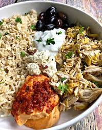 Instant Pot Mediterranean Greek Shredded Chicken And Brown Rice Bowl Mediterranean Chicken Bowl Mediterranean Diet Recipes Easy Pressure Cooker Recipes
