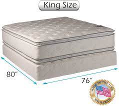 The dimensions for a king size mattress are 76 inches wide by approximately 80 inches long. Amazon Com Dream Solutions Pillow Top Mattress And Box Spring Set King Double Sided Sleep System With Enhanced Cushion Support Fully Assembled Great For Your Back Longlasting Comfort Kitchen Dining