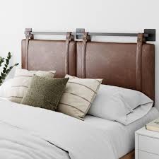 Product title annabel king diamond tufted performance velvet headboard in gray average rating: Nathan James Harlow King Wall Mount Headboard Light Gray Fabric Upholstered Headboard Adjustable Height Vintage Brown Pu Leather Straps With Black Matte Metal Rail Gray Brown Nathan James