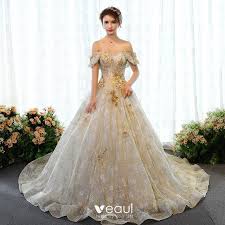 Happiness comes in many forms, including glitter tulle, textured lace, illusion details, and any combination thereof in a classic mermaid wedding dress. Luxury Gorgeous Gold Wedding Dresses 2018 Ball Gown Glitter Lace Appliques Beading Rhinestone Pearl Off The